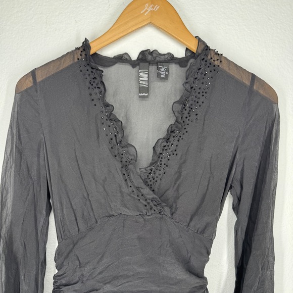 Vtg Womens Whimsigoth Y2K Babydoll Silk Beaded Ruffle Wrap Top Black Tie Front - Picture 4 of 8